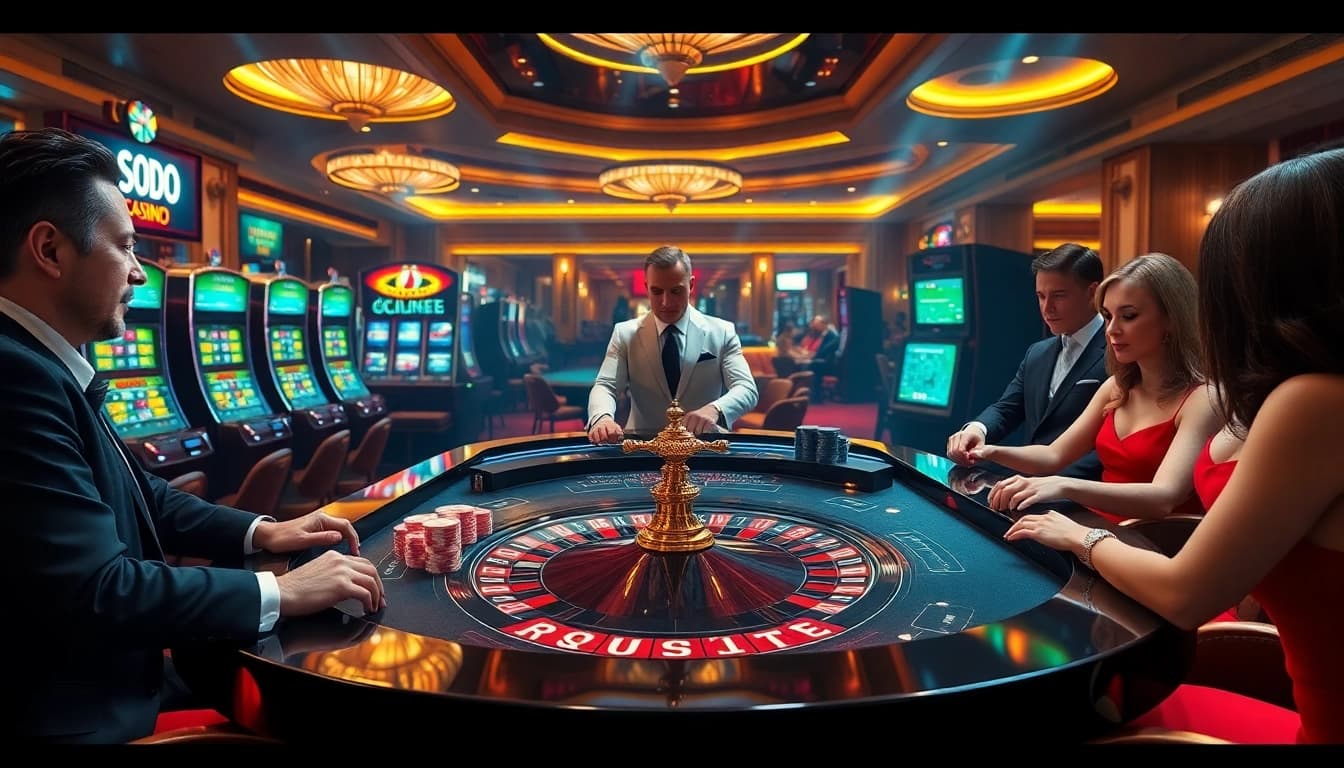 Engage with SODO Casino's vibrant gaming action at a luxury roulette table, showcasing intense player focus.