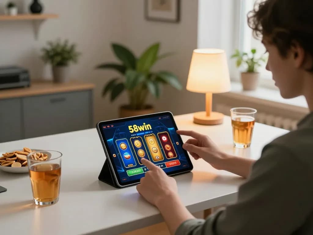 Player enjoying the 58wiin mobile app in a cozy home office setting.