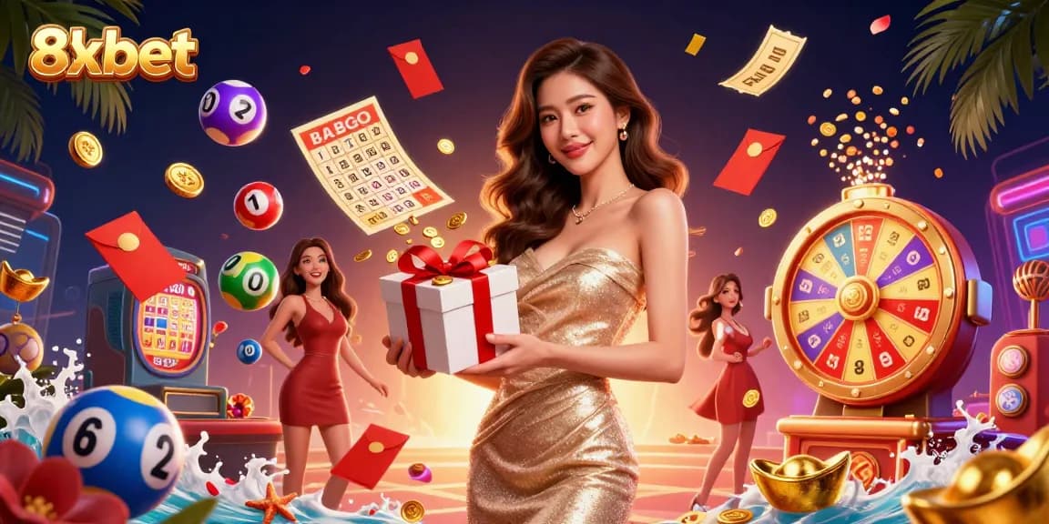 Engage in thrilling gameplay with 8xbet, highlighted by a festive atmosphere and dynamic casino elements.