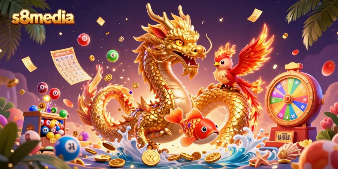 Experience gaming thrills with S8media's vibrant casino action, featuring a golden dragon and lucky koi fish.