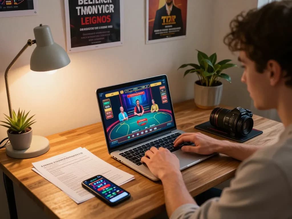 Enjoying online casino gaming at home with BL555 on laptop, showcasing casual yet strategic environment.
