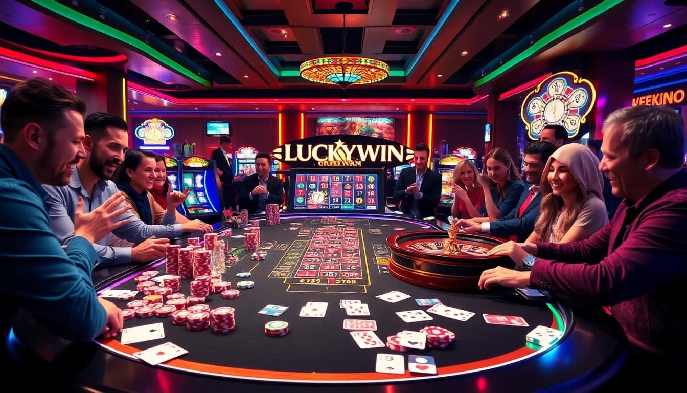 Players enjoying their wins at a Luckywin casino table with vibrant lights and excitement.