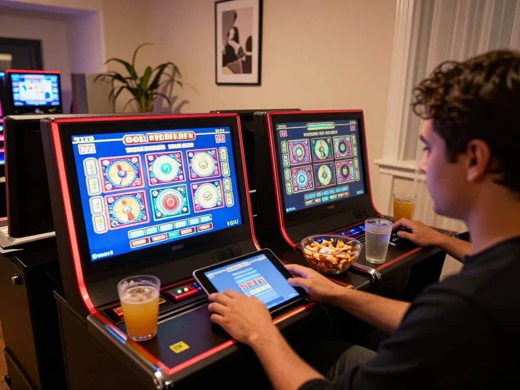 Engaged player enjoying sumclub slot games on tablet in a cozy home setting.