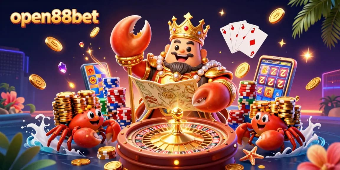 Experience the thrill of open88bet with this engaging 3D casino illustration featuring a golden crab emperor and vibrant game elements.