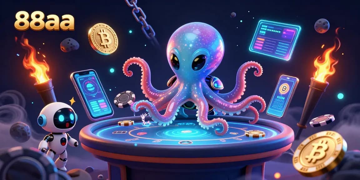Experience immersive gaming at 88aa with a vibrant alien octopus and floating poker elements.