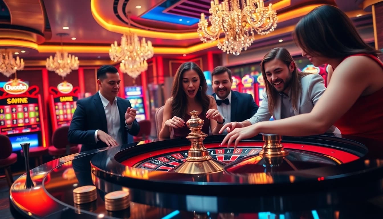 Engaging players at a go8 casino roulette table surrounded by vibrant slot machines.