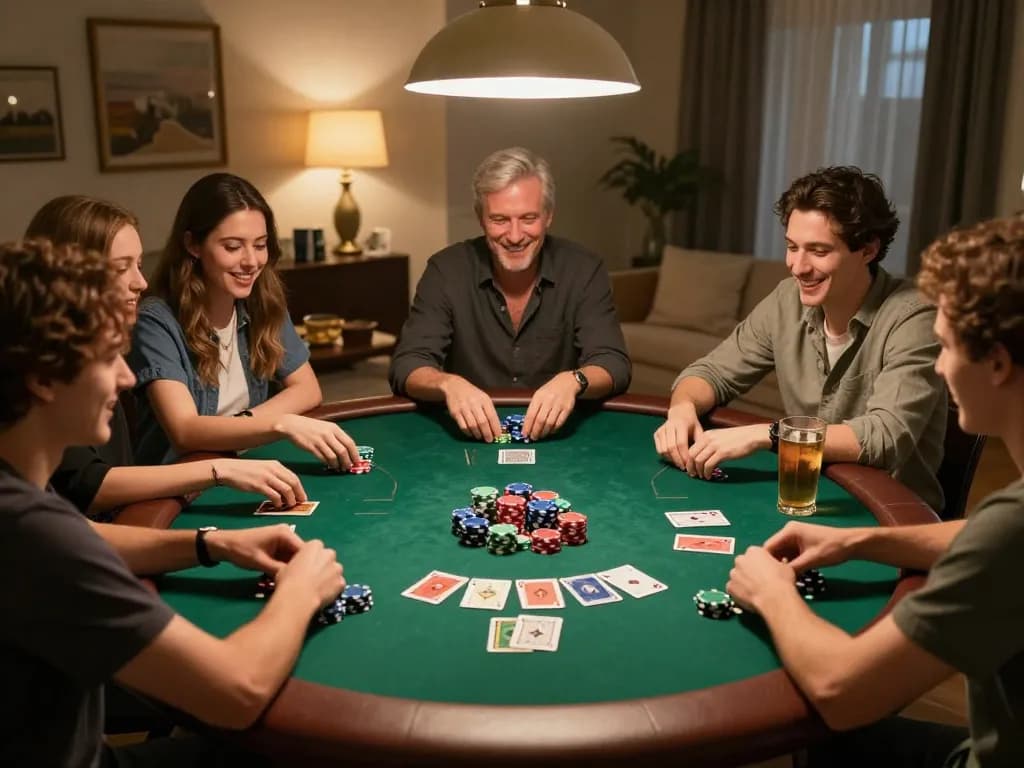 Players enjoy an exciting home poker game night showcasing lc88 strategies with vibrant chips and focused expressions.