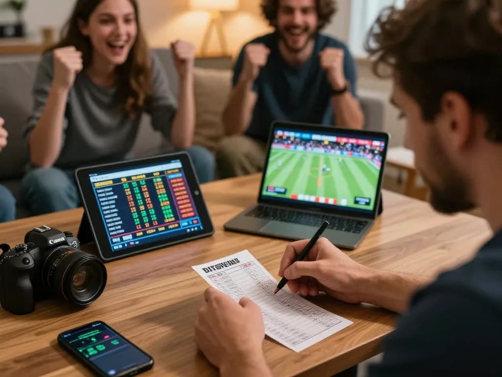 Bettor engaging with sports betting at home using 89bet app while cheering with friends