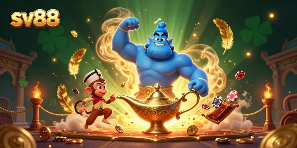 Experience thrilling gaming adventures with sv88, featuring a genie, monkey, and poker chips in a vibrant casino world.