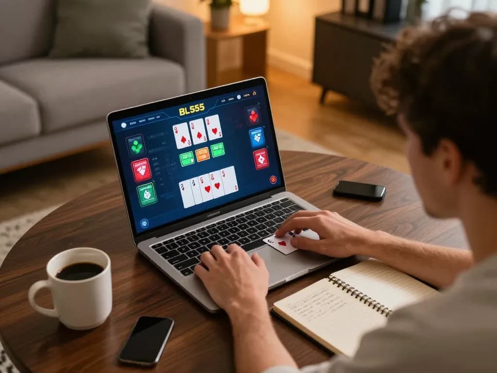 Player strategizing in an online poker game on BL555, cozy home setting with laptop and notes.