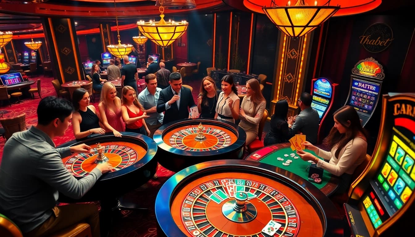 Players enjoying the thrilling atmosphere at Thabet Casino with vibrant roulette and poker tables.