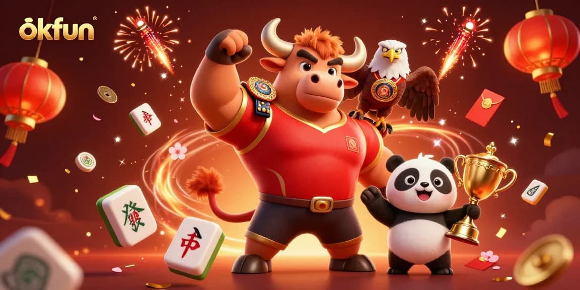 Spin and win with okfun in this vibrant 3D casino illustration featuring joyful characters and festive elements.
