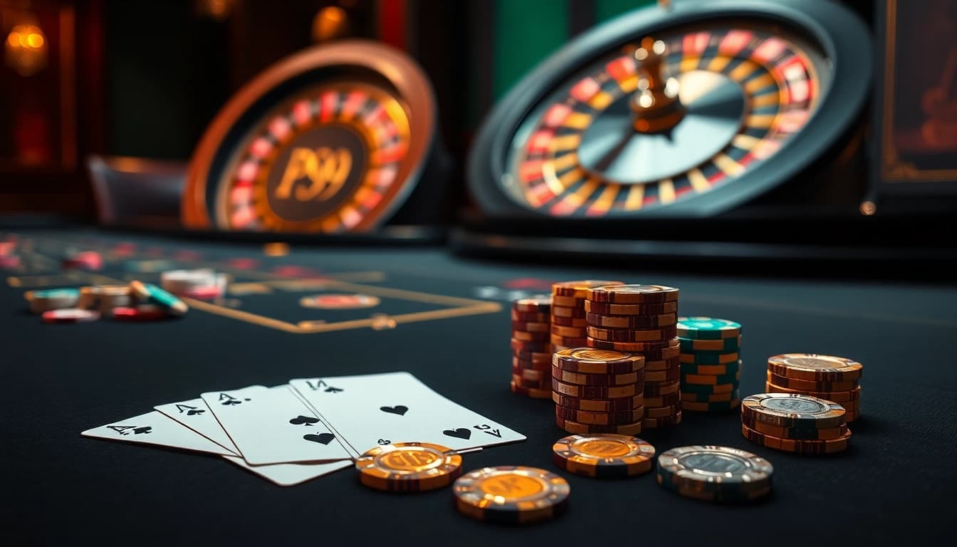 Experience the excitement of PS99 with vibrant casino tables and elegant poker chips.
