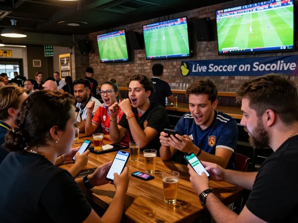 Socolive sports bar scene with fans engaging in live soccer betting and camaraderie