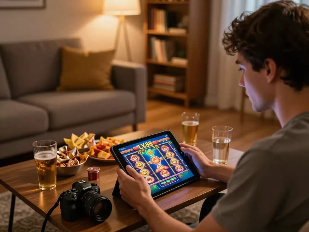 Player enjoying online gaming at LV88 with engaged expression at home setup.