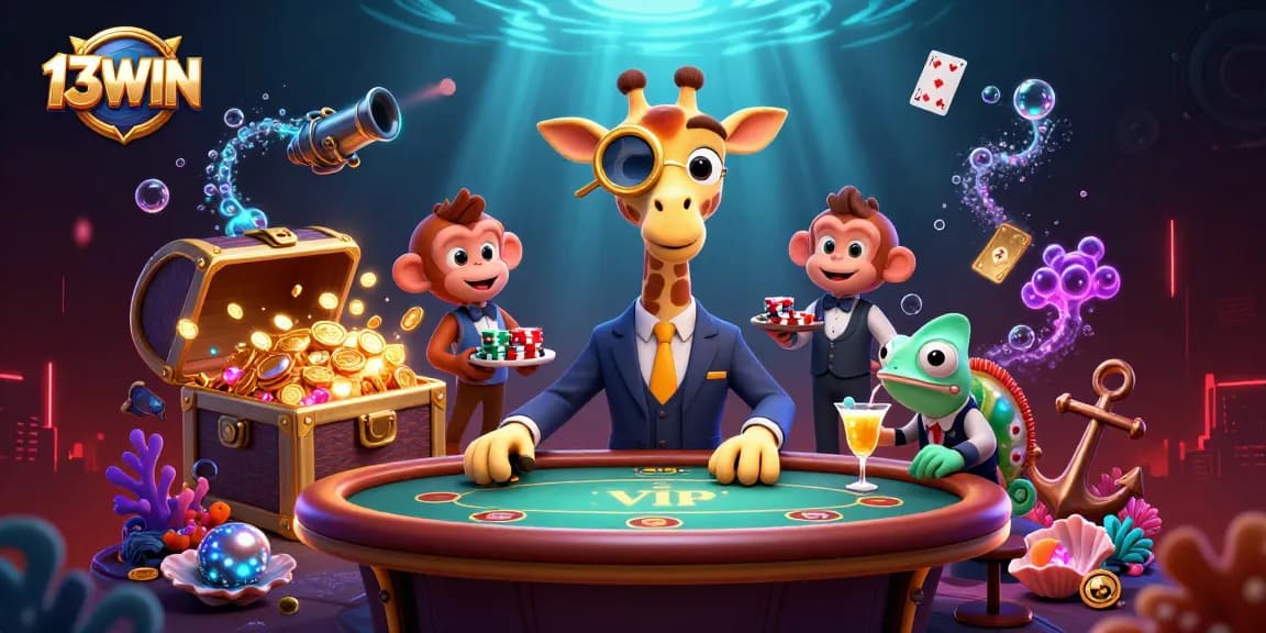 Experience thrilling victories with 13WIN's vibrant 3D casino illustration featuring exciting characters.