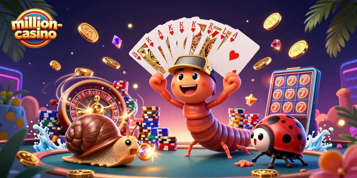 Experience fun gaming at million-casino with vibrant characters and dynamic casino elements.