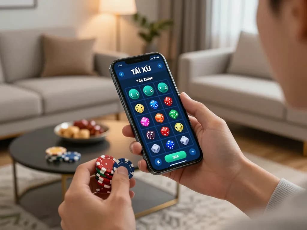 Tải game tài xỉu using a smartphone in a cozy home setting while playing for real winnings.
