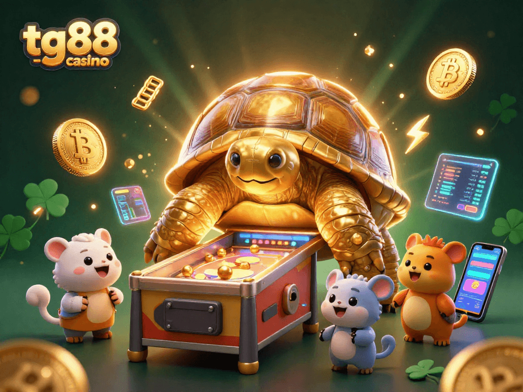 Tg88 -casino offers exhilarating gameplay under a colossal golden tortoise pinball machine, surrounded by crypto currency elements.