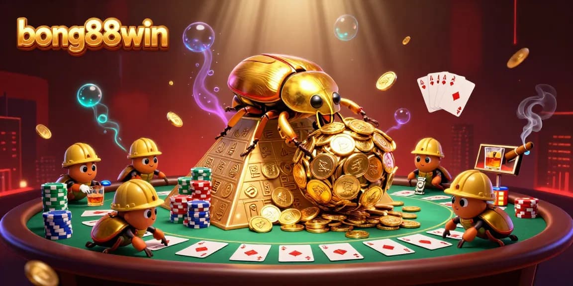 Experience thrilling action with bong88win as the golden beetle rolls coins through a vivid casino scene.
