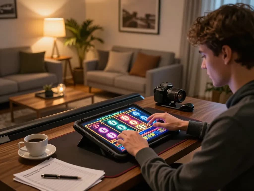 Engaging with bcx88 slots on a tablet in a stylish home environment for responsible gambling.