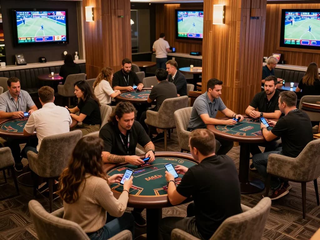 FLY88 players engaging in sports betting at a stylish lounge, checking odds on smartphones