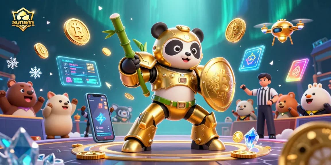 Experience thrilling gameplay with sunwin as the golden panda and robot battle in an exciting casino scene.
