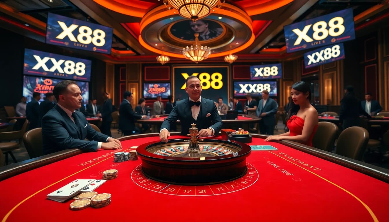 Players strategizing at the baccarat table in a luxurious casino environment, highlighted by XX88 branding.