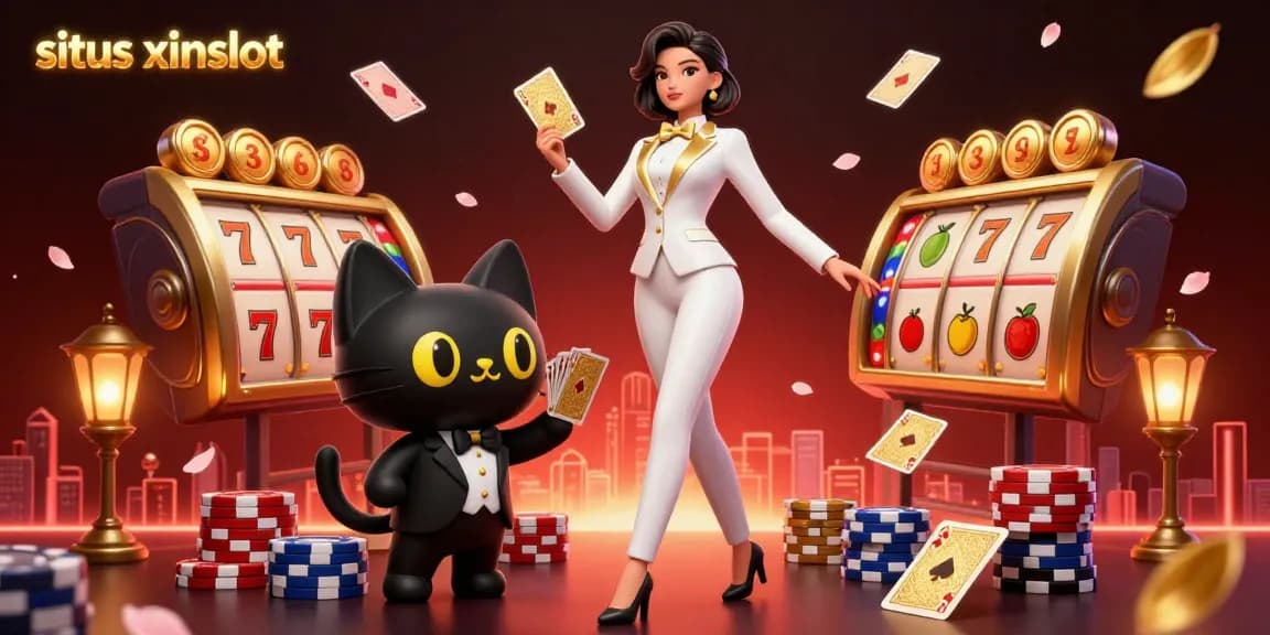 Join the excitement at situs xinslot with a glamorous 3D scene of a woman shuffling cards beside a tuxedo cat, adding a festive casino vibe.
