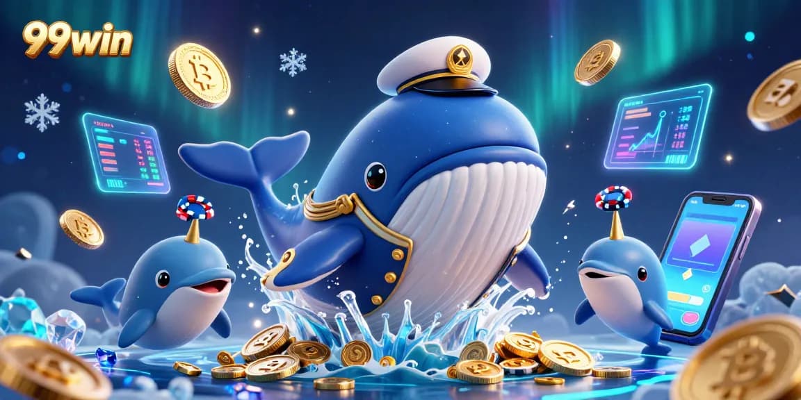 Win big with 99win in a vibrant 3D casino scene featuring whales and gold coins.