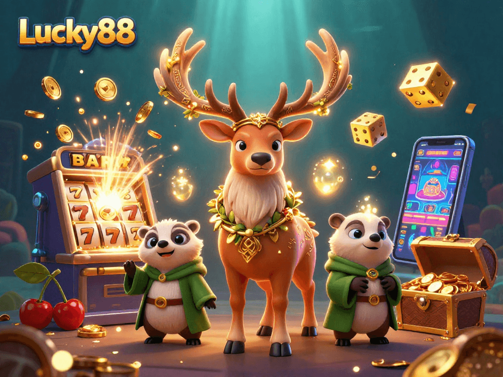 Experience the thrill of Lucky88 with vibrant slot symbols and magical creatures in a 3D casino world.