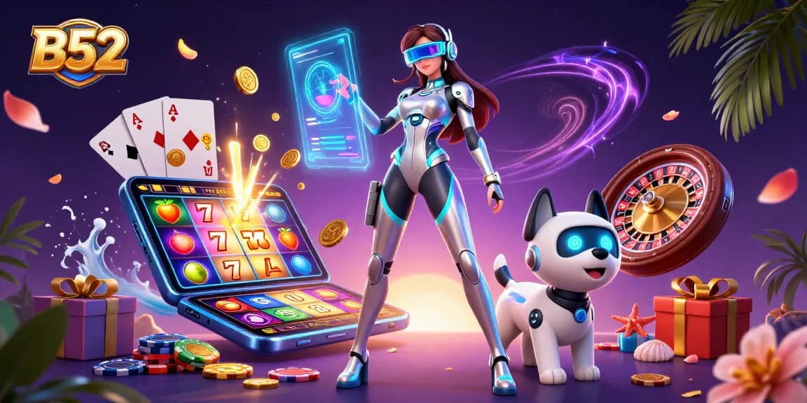 Engage with B52 slot games, featuring colorful spinning reels and dynamic gambling elements.