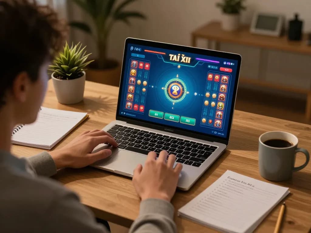 Tài Xỉu player strategizing in a cozy home office setting with laptop and notes.