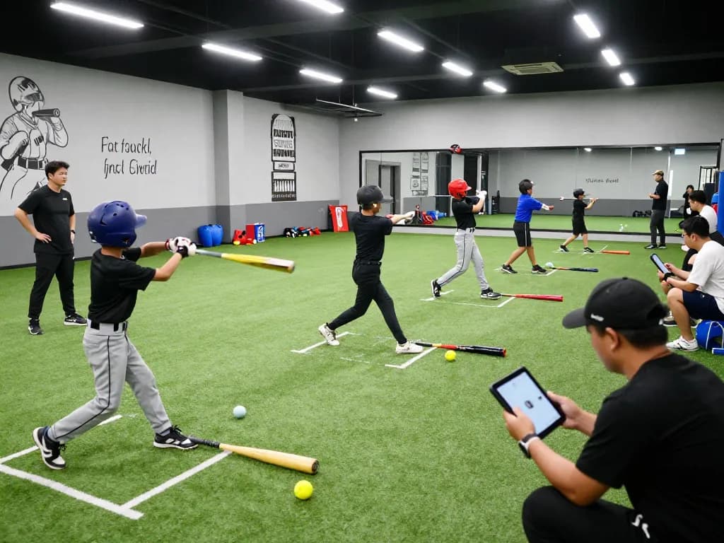 Action-packed training at hitclub baseball facility with players practicing batting drills.