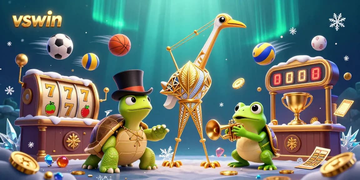 Engaging vswin scene showcasing a casino atmosphere with vibrant characters, slot items, and dynamic sports elements.