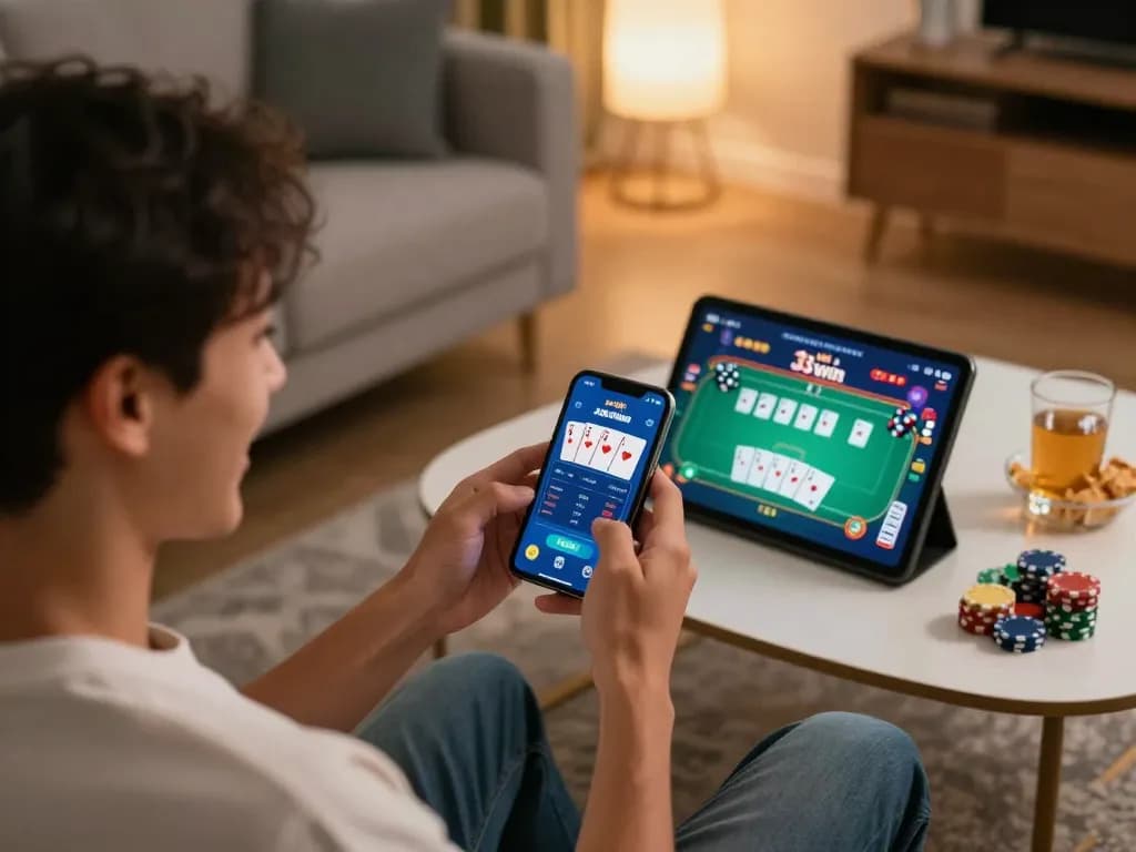 Player celebrating a win on the 33win app, showcasing excitement in a cozy living room.