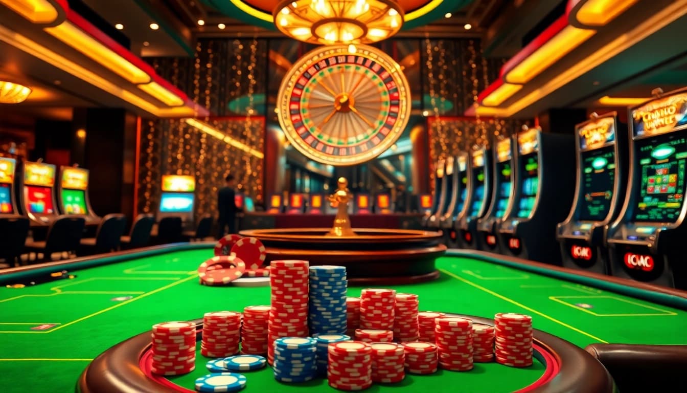 Engaging HB88 online experience with vibrant casino elements like poker chips and slot machines.