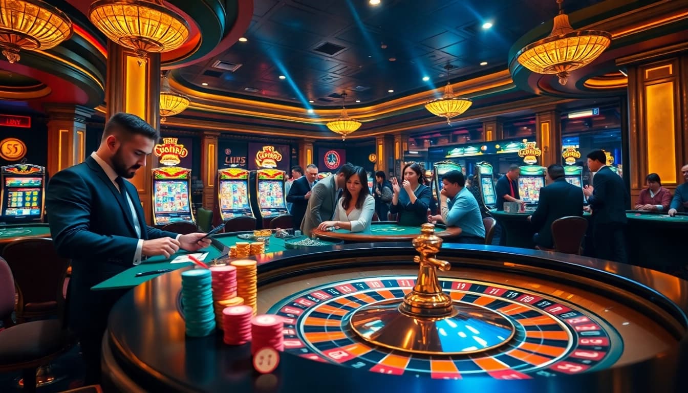 Jogadores engajados na mesa de roleta da KK55, desfrutando de apostas de alto valor em um cassino luxuoso.