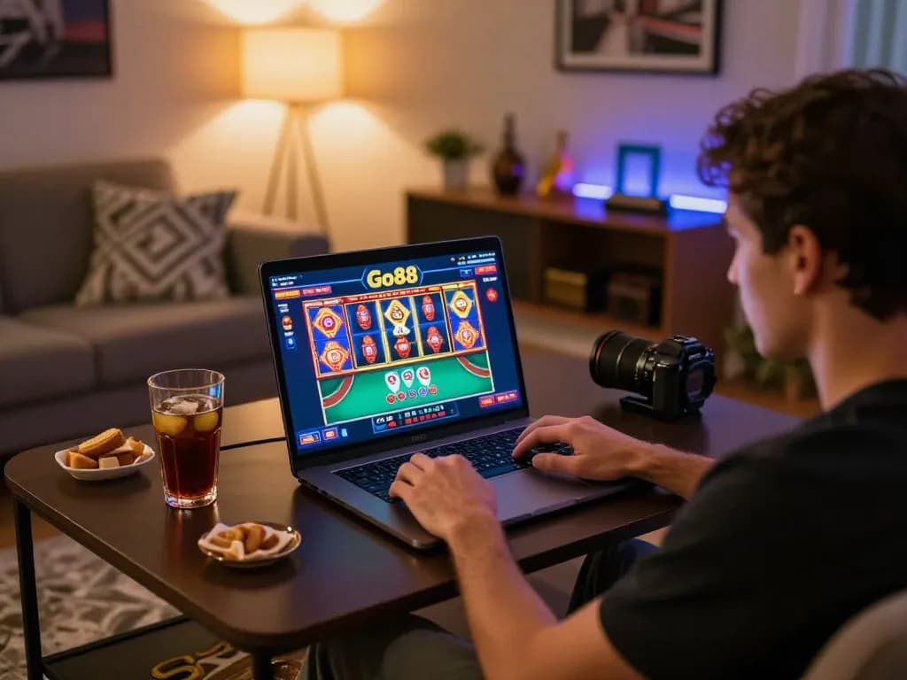 Player engaging with the Go88 online casino platform from a cozy home setup, showcasing vibrant game graphics.
