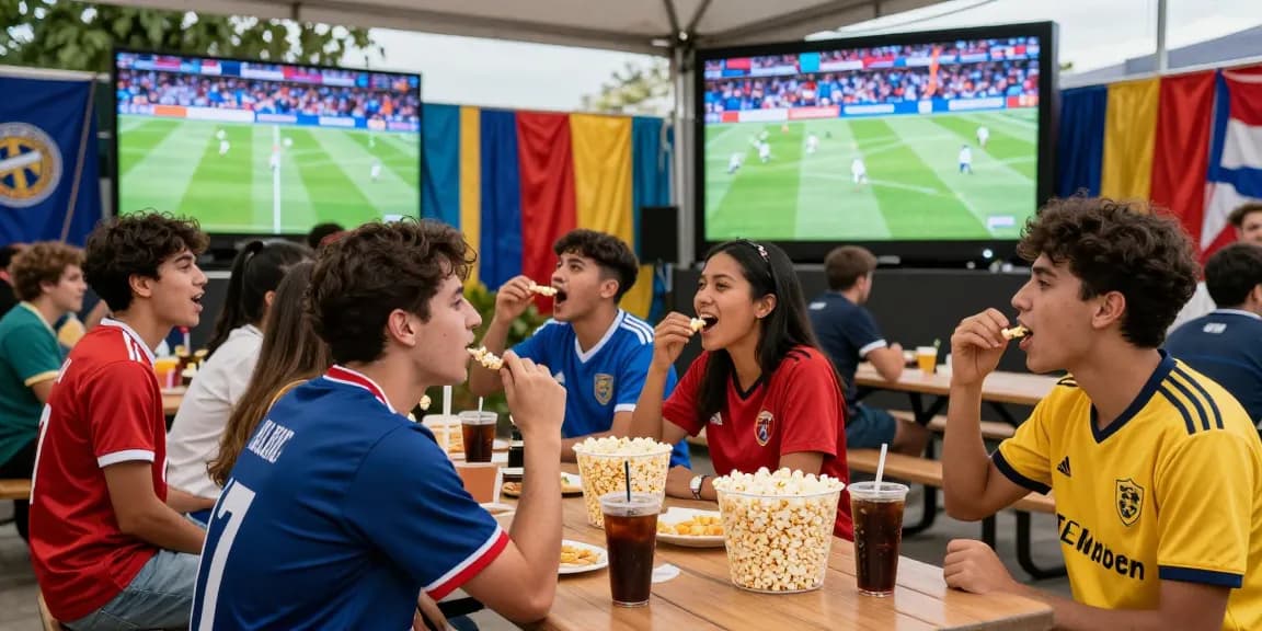 CakhiaTV fans enjoying vibrant outdoor football viewing with team jerseys and snacks.