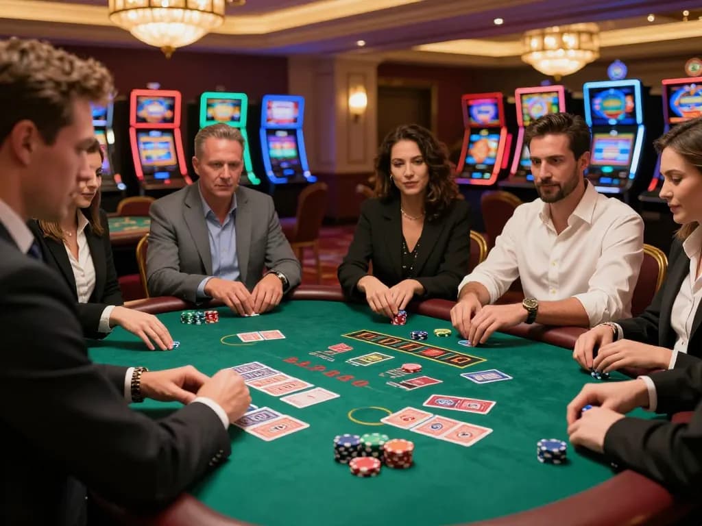 Players engaging in an intense blackjack game at 23WIN casino, showcasing strategic gameplay and excitement.