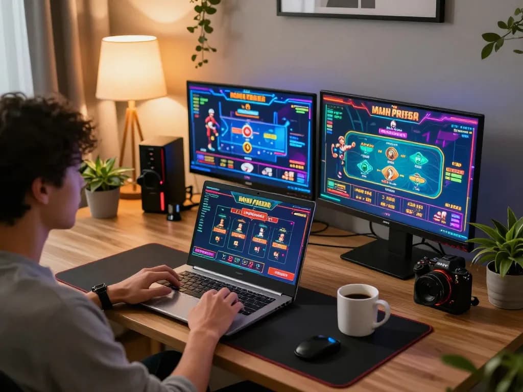 Exciting online gaming scene showing HELLO88 on a laptop, showcasing dynamic live dealer action.