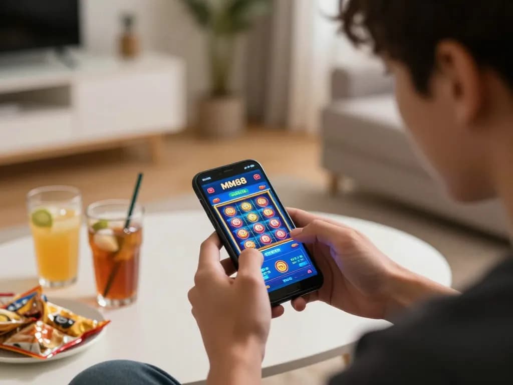 Engaging user enjoying the MM88 casino app on smartphone in modern home setting