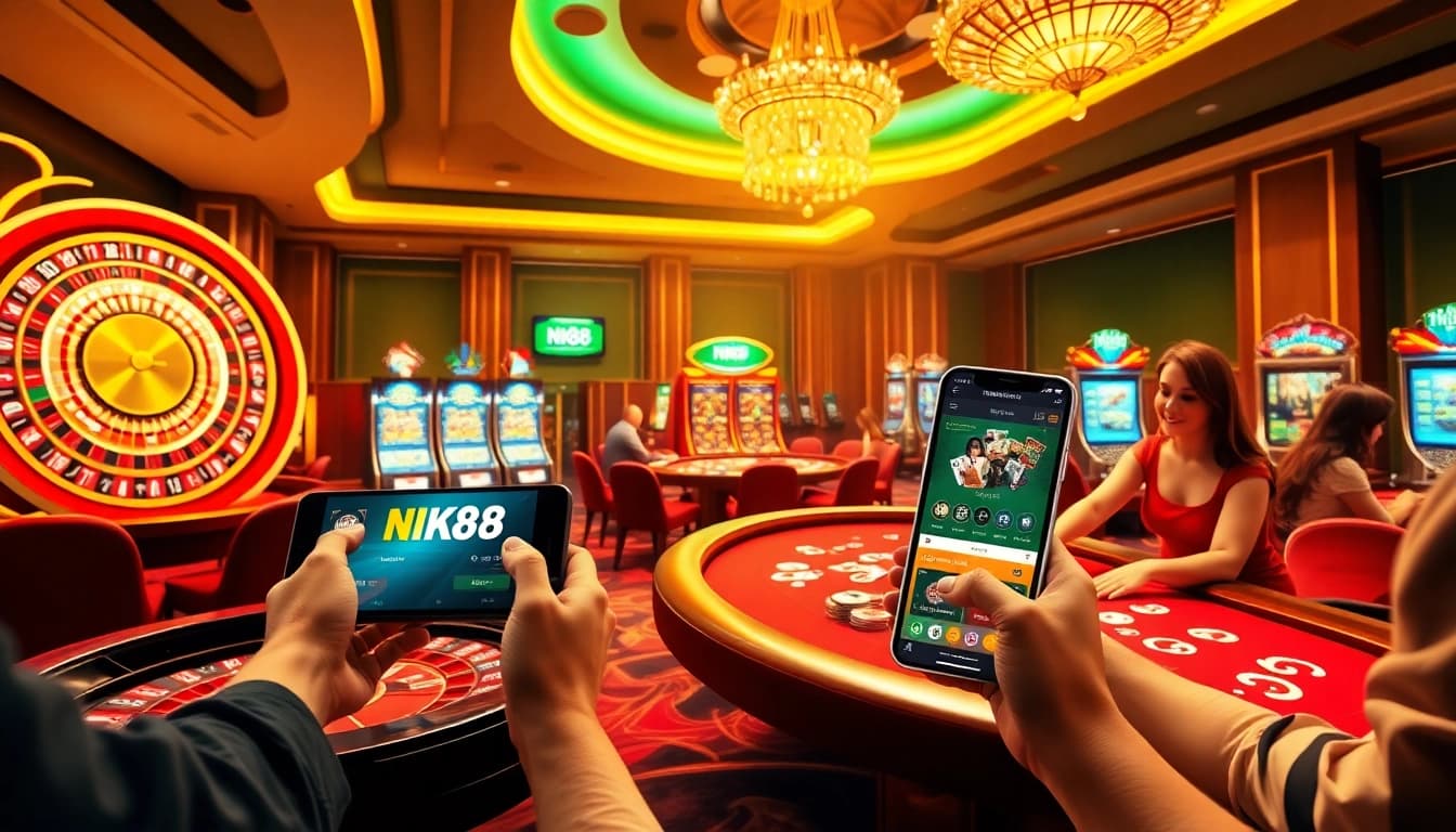 NK88 app interface showcased in an upscale casino environment with players at poker tables.