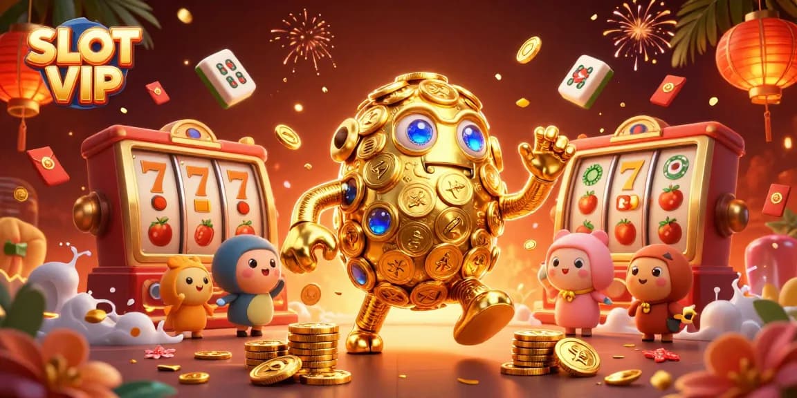 Spin to win with SLOT VIP, featuring a dazzling gold golem amidst vibrant slot game elements.