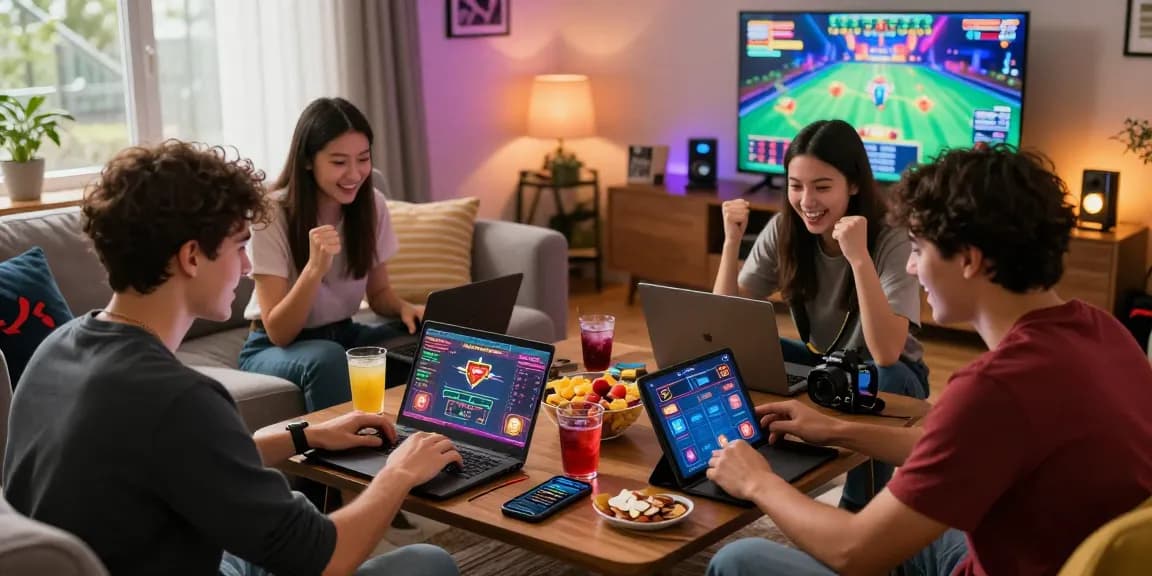 Engaging group playing at credit card gambling sites in cozy living room with vibrant snacks and drinks.