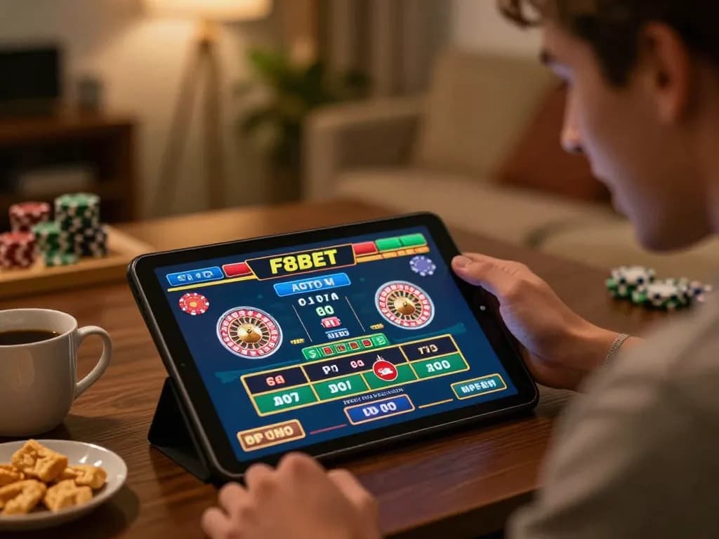 F8BET player enjoying live dealer gaming on tablet in a cozy home setting.