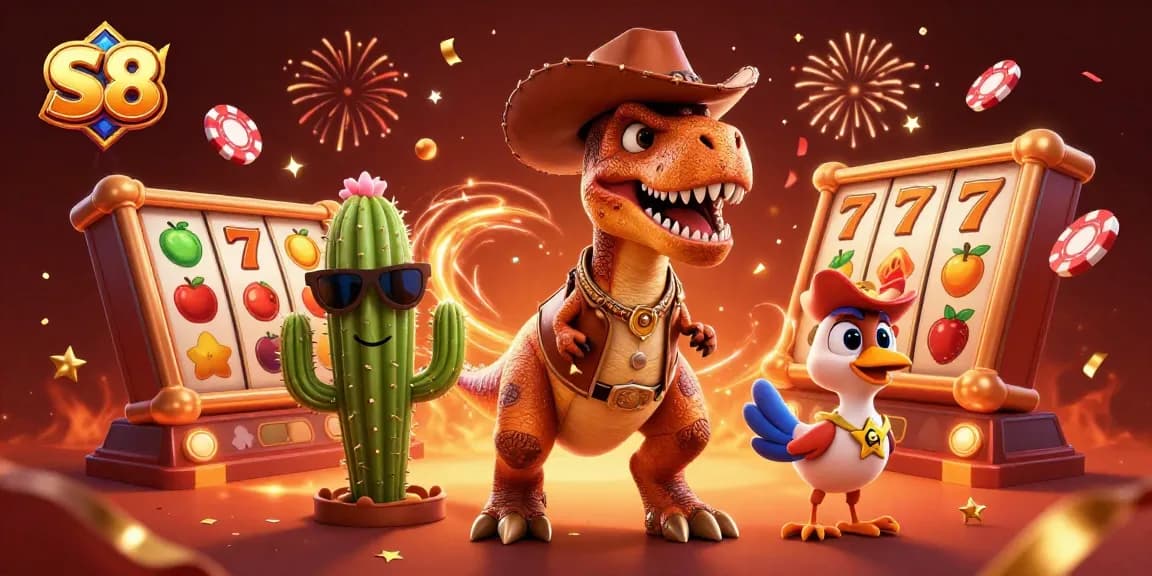 Spin the S8 slot reels in a vibrant scene with cowboy dinosaur and gaming elements