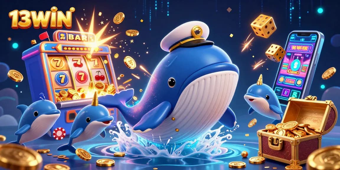Win big at 13WIN's dynamic casino scene with a playful whale and magical treasures.