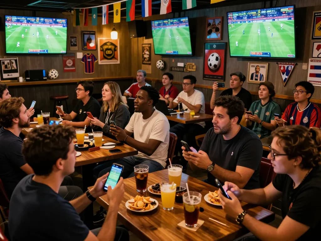 Soccerbetting scene at a lively sports bar, patrons engaged in live betting while watching thrilling matches